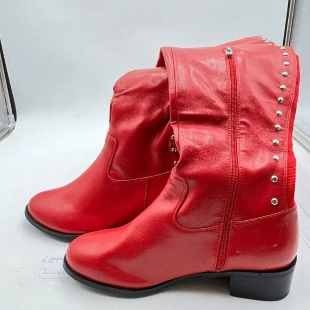 Women Regular Round Toe Flat Riding Knee High Boots Chunky Low Heel Red